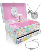 The Memory Building Co Unicorn Musical Jewelry Box Plays Classic Melody, Storage Organizer Music Box for Kids Ages 6-12, MDF Wood w/ 2 Fabric Lined Ring Bracelet Necklace Treasure Compartments - style: Unicorn