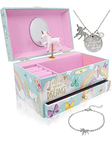 The Memory Building Co Unicorn Musical Jewelry Box Plays Classic Melody, Storage Organizer Music Box for Kids Ages 6-12, MDF Wood w/ 2 Fabric Lined Ring Bracelet Necklace Treasure Compartments - style: Unicorn