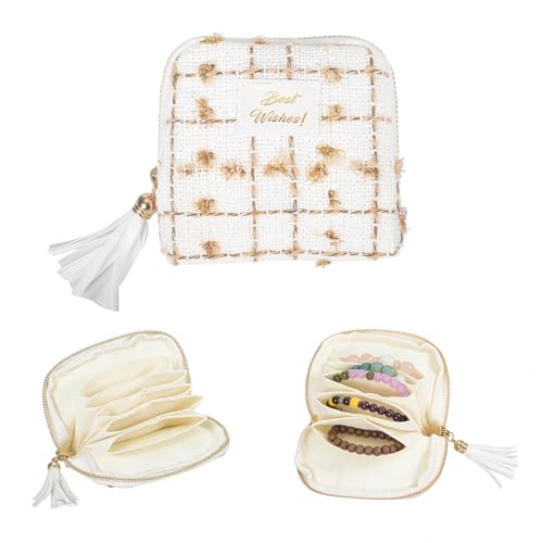 Travel Jewelry Case Small with Tassel Zipper, Soft Velvet Travel Jewelry Organizer Pouch for Necklaces, Rings and Earrings, Portable Multi Layer Jewelry Bags, Anti Tangle Storage - color: beige