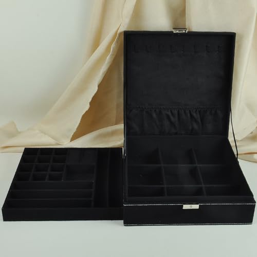 Jewelry Boxes 10 x 10 Inches 2-layer Handle Necklace Holder Organizer Jewellery Women Rings Storage Display Girls Earrings Case Lockable Jewelry Tray GY641 (Black) - color: Black