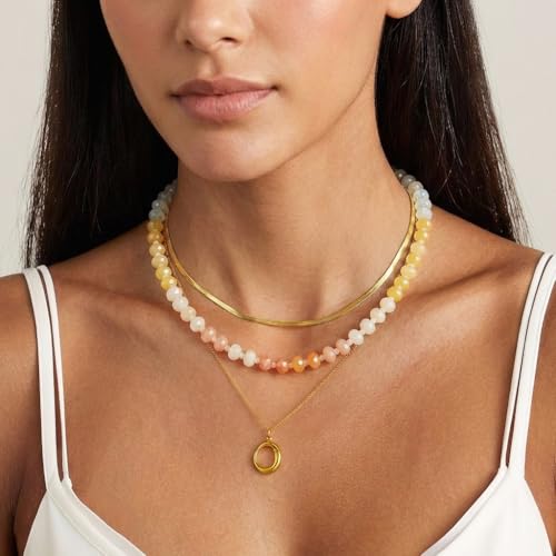 Gmai Layered Beaded Necklace for Women Colorful Trendy Snake Chain Circle Pendant Choker Gold Chain Adjustable Length Bohemian Rainbow Stackable Necklaces Jewelry Gift - style: Yellow white string beads