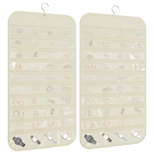 1 Pack Hanging Jewelry Organizer 80-Pocket Dual-sided Jewelry Storage for Earring Necklace Bracelet Ring Travel Holder, Beige - color: Beige