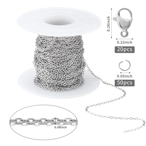Topacket 33Feet Stainless Steel Necklace Chains Cable Link Chains for Jewelry Making DIY Craft Kit with Lobster Clasps Jump Rings - color: Stainless Steel, size: 2.0mm