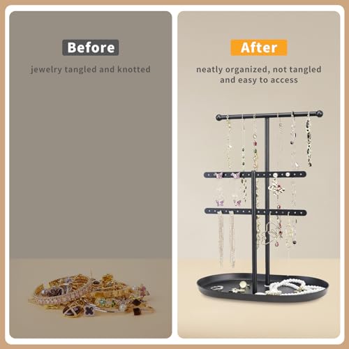 Saydear Elegant Jewelry holder Organizer 2-Tier Display Storage Stand for Earrings Necklaces with Ring Tray Spacious and Durable, Easy to Assemble Black - color: Black