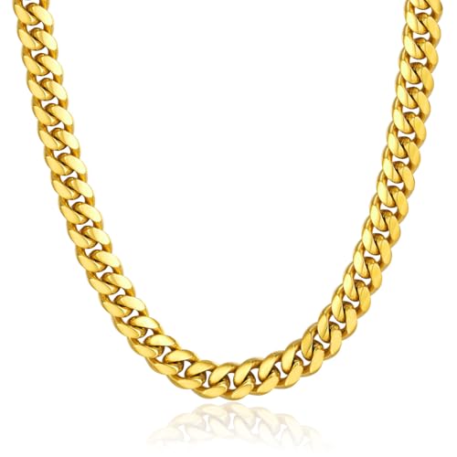 ChainsPro Stainless Steel Cuban Link Chains for Men, 4.8/6/10/14mm Width Cuban Chain Necklace, Black/18K Gold Plated/Silver No Tarnish Chains Jewelry for Men, 18-30 inch Length Hip Hop Miami Necklace, Send Gift Box - color: G:10mm Width-gold plated, size:
