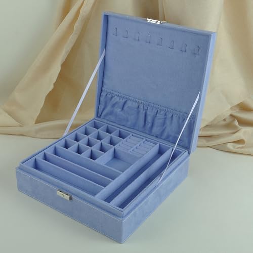 Jewelry Boxes 10 x 10 Inches 2-layer Handle Necklace Holder Organizer Jewellery Women Rings Storage Display Girls Earrings Case Lockable Jewelry Tray GY641 (Lavender) - color: Lavender