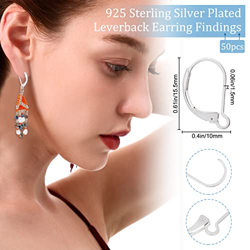 Beebeecraft 1 Box 50Pcs Leverback Earring Findings 925 Sterling Silver Plated Clasp Earring Hooks 15.5x10mm Ear Wire Clip Earring Connector for Jewelry Making - color: 15.5x10mm Silver Leverback Earring