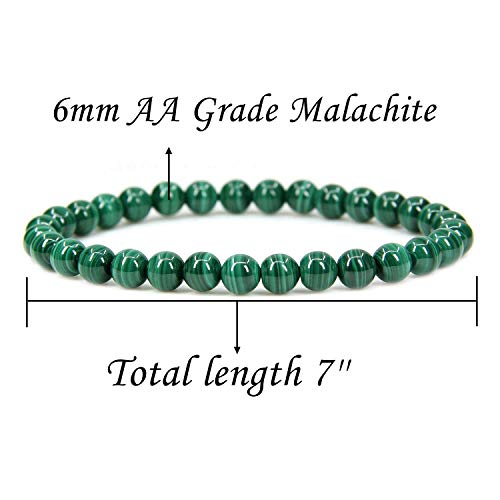 Angelstones Handmade Natural Healing Gemstone 6mm Round Beads Stretch Crystal Bracelet 7 Inch Unisex - color: Malachite