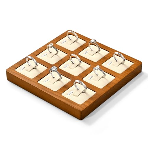 Oirlv Solid Wood Ring Display Stand Showcase Ring Display Organizer Tray 9 Bits Jewelry Holder(Creamy-white) - color: Creamy-white
