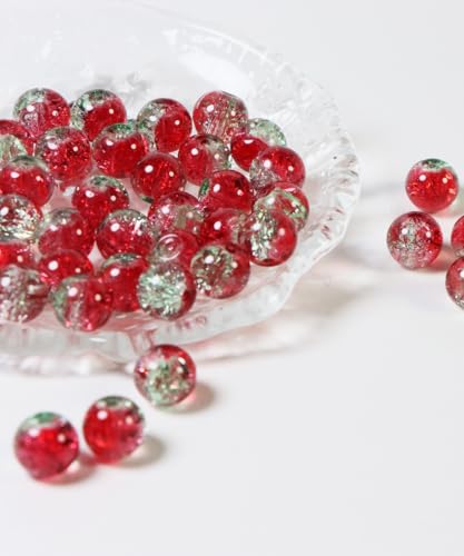 100Pcs 10mm Crackle Glass Beads for Jewelry Making - Round Spacer Crystal Beads Bulk, DIY Craft Supplies for Necklace Bracelet Earrings (Red Green) - color: Red Green