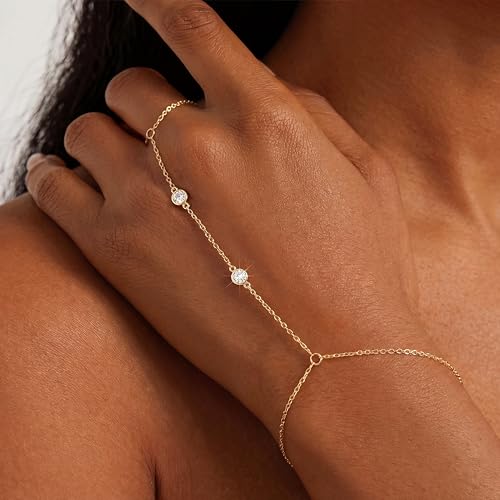 Dainty Gold Hand Chain Bracelets for Women Waterproof, Non Tarnish 14K Gold Plated Ring Bracelet Set, Stackable Cubic Zirconia Bracelet Stack Adjustable Fashion Body Hand Jewelry Trendy Accessories