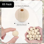 BigOtters 65-Pack 25mm (1 Inch) Natural Unfinished Wood Beads, Round Spacer Beads for DIY Jewelry Making, Home Decor, Craft Supplies, Art Projects & Party Decorations
