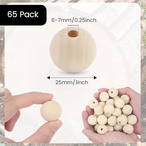 BigOtters 65-Pack 25mm (1 Inch) Natural Unfinished Wood Beads, Round Spacer Beads for DIY Jewelry Making, Home Decor, Craft Supplies, Art Projects & Party Decorations