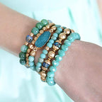 RIAH FASHION Bohemian Acrylic Druzy Multi-Layer Bead Statement Bracelet - Versatile Faux Stone Pendant Stretch Strand Stackable Cuff Bangle Set Sparkly Crystal - color: Bohemian Oval Druzy Set - Turquoise