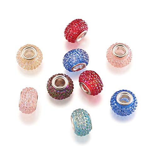 Beadthoven 100pcs Rhinestone European Large Hole Beads Crystal Pave Berry Rondelle Slide Charm Spacer Beads for Snake Chain European Bracelets Jewelry Making - color: Berry Mixed Color