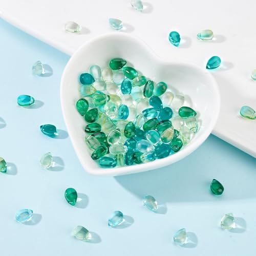 AHANDMAKER 100 Pcs Teardrop Czech Glass Beads, 5 Colors Transparent Crystal Beads with Glitter Water Drop Loose Pendants Beads for DIY Necklace Earring Bracelet Jewelry Making, Blue&Green