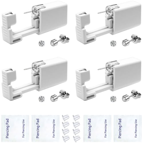 4 Pack Ear Piercing Gun Kit, Disposable Ear Piercing Gun with Silver Earring Studs Safety Ear Piercing Gun Kit Tool - size: 4mm