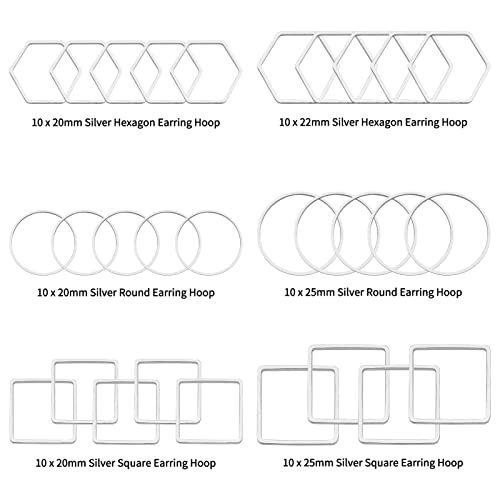 Oubaka 60pcs Earring Beading Hoop Rings,3 Shapes Earring Hoop Jewelry Making Hypoallergenic Square Hexagon Round Earrings Findings Open Bezels Linking Rings for DIY Craft,Earrings Necklace(Silver) - color: 60PCS;Square,Hexagon,Round;Silver