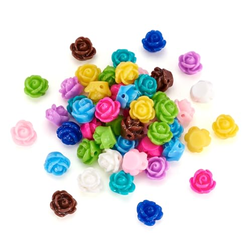 Beadthoven 50pcs Handmade Flat Base Opaque Resin Colorful Rose Flower Beads for DIY Beading Jewelry Necklace Bracelet Earring Supplies 9x7mm Hole: 1mm - color: 0Mixed Rose#9x7mm