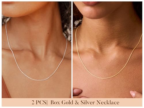IEFWELL 14K-Real-Gold-Plated S925 Sterling Silver Chain Necklace for Women, 1.2/0.8mm Satellite Bead Cable Box Chains Set Hypoallergenic Sturdy Women's Chain Necklace, 16/18/20/22 Inch Jewelry Gifts - color: Box Chain, size: 18 Inch (Women's Average Lengt