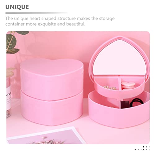 Cabilock 4 PCS Heart Shape Double Layer Jewelry Box with Mirror, Portable Jewelry Organizer Case for Earrings Rings Necklaces Desk Topper Organizer, Pink