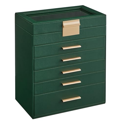 SONGMICS GISELLA Collection - Jewelry Box Organizer, 6-Layer Jewelry Storage with 5 Drawers, Shiny Metal Hardware, Glass Lid, Modern, 6.4 x 9.9 x 11.4 Inches, Forest Green and Gold Color UJBC171C01 - color: Forest Green + Gold, size: 6 Layer (6.4"D x 9.9"