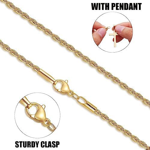 Fiusem 18K Gold Plated Rope Chain for Men, 18K Gold Plated/Black Chain Necklace, Stainless Steel Necklace for Men and Women, Jewelry Gifts - size: 16 Inches, style: Gold 2mm