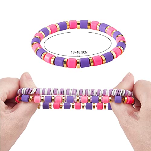 Ornaland 7Pcs Handmade Polymer Clay Heishi Surfer Stretch Bracelets Set Colorful Glass Beads Bracelets Boho Stackable Preppy Bracelets Wrist Jewelry for Women - color: purple pink