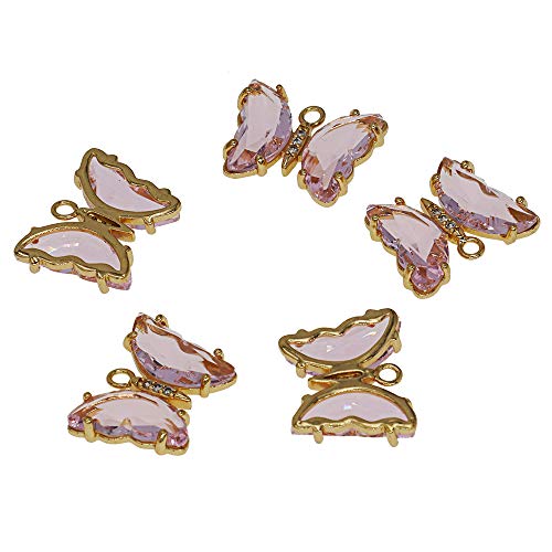 Crystal Zirconia Gold Plated Brass Charms for Jewelry Making Bracelet Necklace Earring Pendant Craft Supplies DIY Accessories - color: Butterfly-Pink-5Pcs