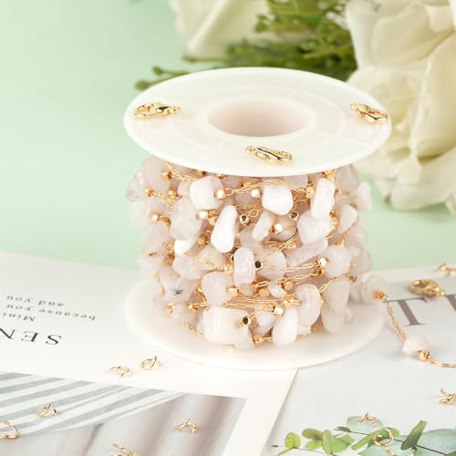 KYUNHOO 16.4 Feet White Handmade Raw Stone Chain Links on Roll Gold Plated Chains for Jewelry Making Brass Crafts with Jump Rings Lobster Clasps for DIY Jewelry - color: Natural Stone-White