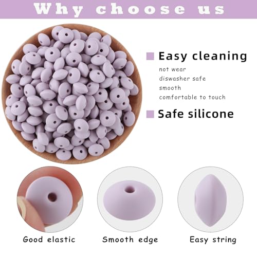 Sunrony 200Pcs Silicone Lentil Beads for Keychain Making, Bulk 12mm Silicone Abacus Spacer Beads for Necklace Bracelet Making Pens (Lilac) - color: K-Lilac
