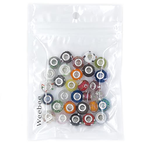 Weebee Murano Glass Beads Large Hole Glass Beads European Lampwork Spacer Charms Bead Silver Plated Cores Bracelet Charm for DIY Crafts Jewelry Making 50 Pcs Mixed