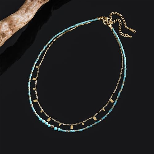 Plumiss Boho Handmade Natural Jasper Stone Beaded Crystal Mixed Strand Short Necklace for Women Girl - color: Turquoise