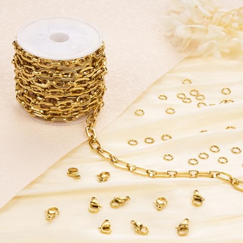 Jabogrii 3 Meters Gold Stainless Steel Jewelry Making Chains Bulk Oval Paperclip Chain for Jewelry Making - color: Paperclip Gold