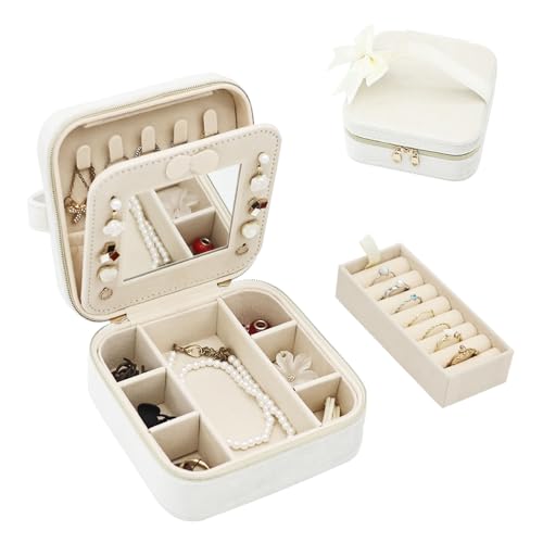 Travel Jewelry Organizer Small Jewelry Box With Mirror, Velvet Jewelry Travel Case for Women, Mini Jewelry Box for Girls Necklace Ring Earrings (Beige) - color: Beige