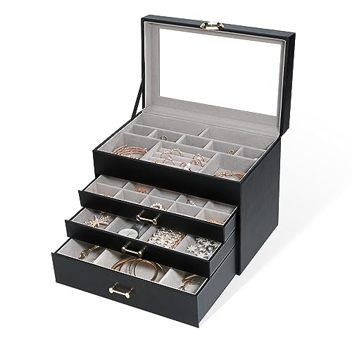 Jewelry Organizer Jewelry Boxes for Women, Jewelry Box with Clear Glass Lid 4-Tier with 3 Drawers, Gift for Women Girl, Black Glass Lid - color: Black Glass Lid
