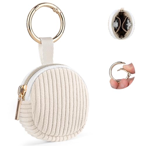 Ring Holder Keychain, Corduroy Jewelry Holder Storage with Ring Buckle, Portable Mini Travel Jewelry Keeper Case for Earrings, Rings, Necklaces (Beige) - color: Beige