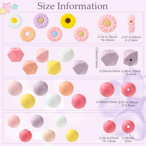 LiQunSweet 110 pcs Spring Theme Daisy Flower Focal Silicone Beads Round Hexagon Shape Silicone Beads for Keychain Making DIY Beadable Pens Jewelry Making Bracelets - color: Hexagon Round Daisy Beads_110 Pcs