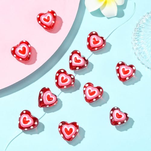 DanLingJewelry 10Pcs Handmade Lampwork Glass Red Heart Beads Colorful Bumpy Glass Heart Loose Beads for DIY Jewelry Making Craft - color: Red
