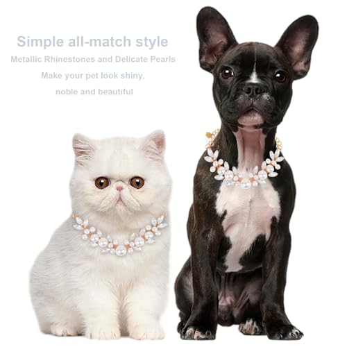 HOWWFALY Dog Cat Pearl Collars with Cute Pet Paw Gold Chain Stainless Steel Collars Necklace Adjustable Collar Dog Chain Cat White Pearl Pet Collar (White, M) - color: White, size: Medium