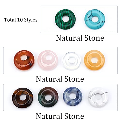 NBEADS 10 Pcs 10 Styles Natural Circle Donut Gemstone Charms, 18mm Dyed Flat Round Mixed Natural and Synthetic Donut Stone Beads Pendants Natural Stone Pendant for Jewelry Making, Hole: 5.5mm - color: 10 Pcs 10 Styles Stone A