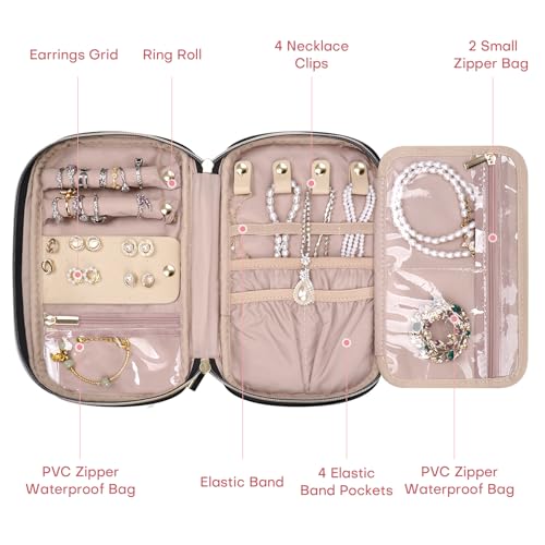 Jewelry Travel Case Organizer for Necklaces, Earrings, Rings, Bracelet, Watch, Soft Sided, Black - color: Black