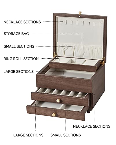 Wooden Jewelry Box, 3 Layer Large Jewelry Organizer for Women, Jewelry Storage, for Necklaces Rings Earring Watches Bracelets, Black Walnut Wood, Mothers Day Gifts for Mom