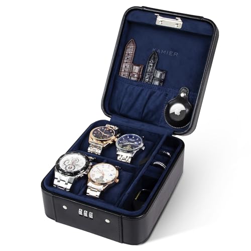 KAMIER Watch Case with Combination Lock - 4 Watch Storage and Jewelry Organizer - Watch Travel Case for Ring and Watch Storage, PU Leather Travel Watch Case, Ideal for Gift (With Gift Box),Black - color: Black