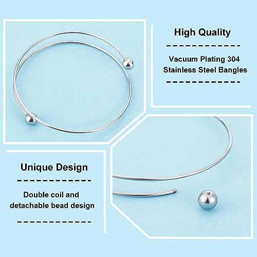 PH PandaHall 10pcs Stainless Steel Wire Bracelet Adjustable Bangle Bracelet Blank Cuff Bracelet with Removable Ball Bead Expandable Blank Bangle Bracelets for Jewelry Making, 2.5 inch - Platinum