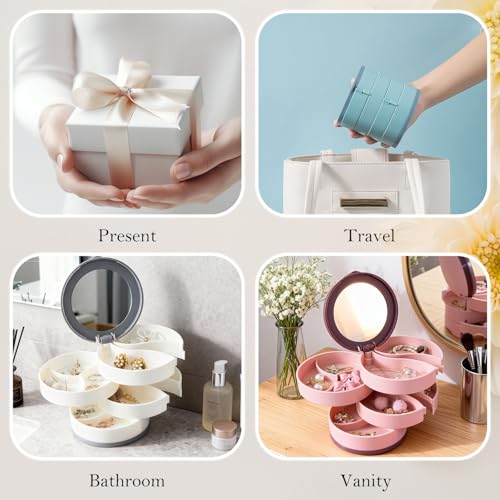 Rotating Jewelry Organizer Box with Mirror – Large Capacity Multi-Layer Storage, 360° Rotation, Protective Cover, Compact with Non-Slip Base (Pink) - color: Pink