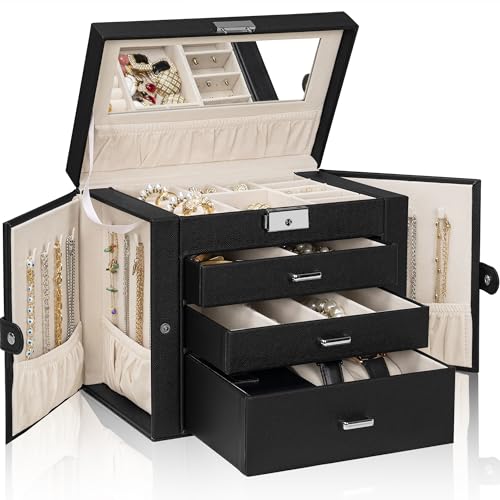 AKOZLIN 4-Tier Jewelry Box Lockable Leather Jewelry Storage Case Organizer with 3 Drawers for Women Girls Ring Necklace Earring Bracelet Watches Holder with Mirror - color: Black-silver, size: Large-4 Layer