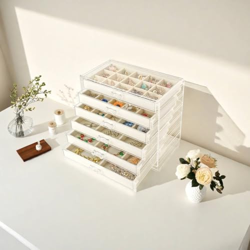 Watpot Acrylic Jewelry Box with 6 Drawers, Clear Earring Storage Organizer Display Case for Women Girls, Beige - color: Beige 6 Layers