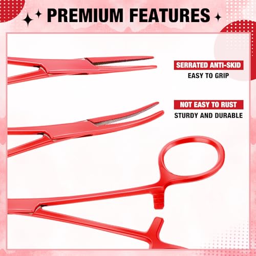 BBTO Hemostat Curved and Straight Hemostat Forceps Piercing Pliers Forceps, Stainless Steel Straight and Curved Pliers, Fishing Tweezer(Red,2 Pcs) - color: Red