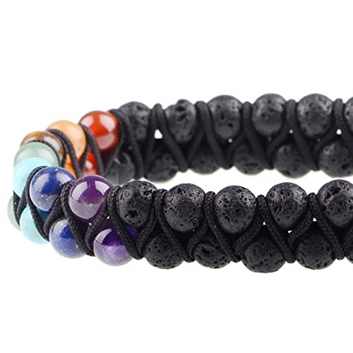 MASSIVE BEADS Double Layer Natural Chakra Healing Power Crystals Macrame Bracelet Yoga Stone Beads Gemstone Meditation Relax Anxiety Bangle for Unisex Women Men - color: 7-Chakras&Lava, size: 4mm